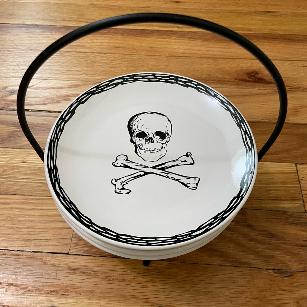 Signature Housewares Skull 6” Appetizer Snack Plates with Holder-Set of 4